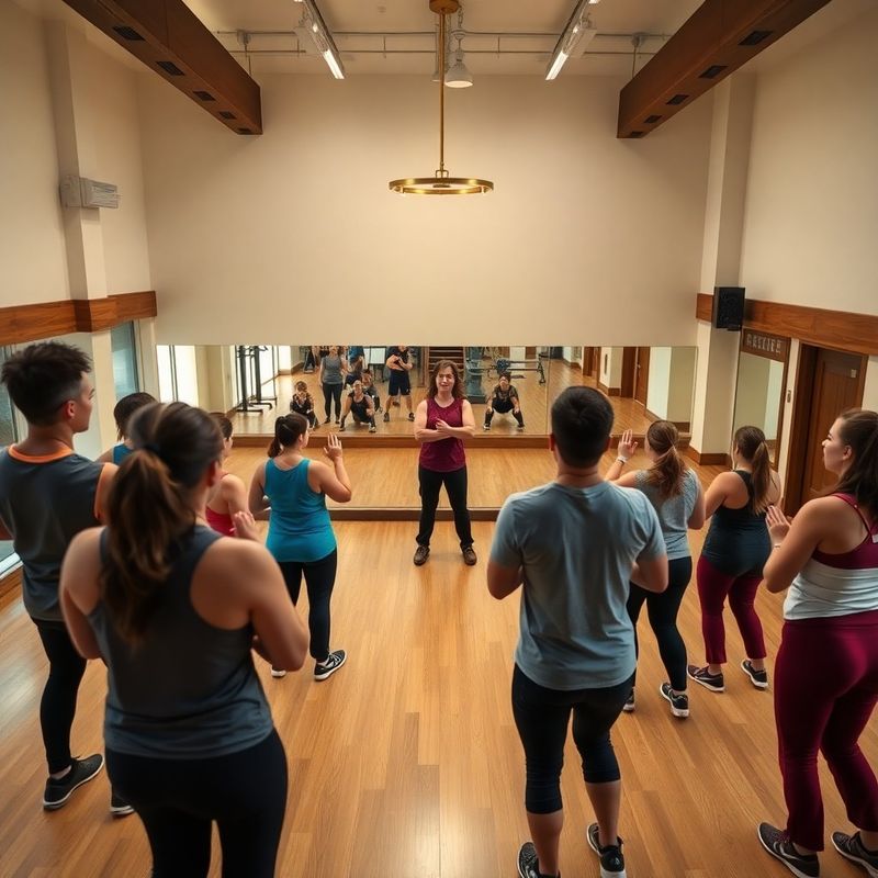 A small-group fitness class mid-session with coach providing corrections