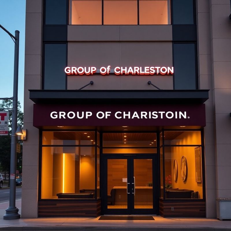 Evening exterior of Group of Charleston on Westheimer Rd with burgundy signage